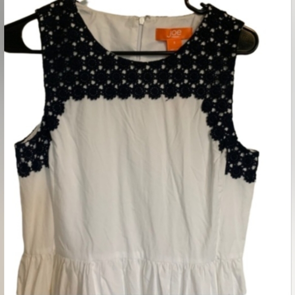 White 100% Cotton Dress with Blue Floral Crochet at Neckline and Hemline - Picture 12 of 13